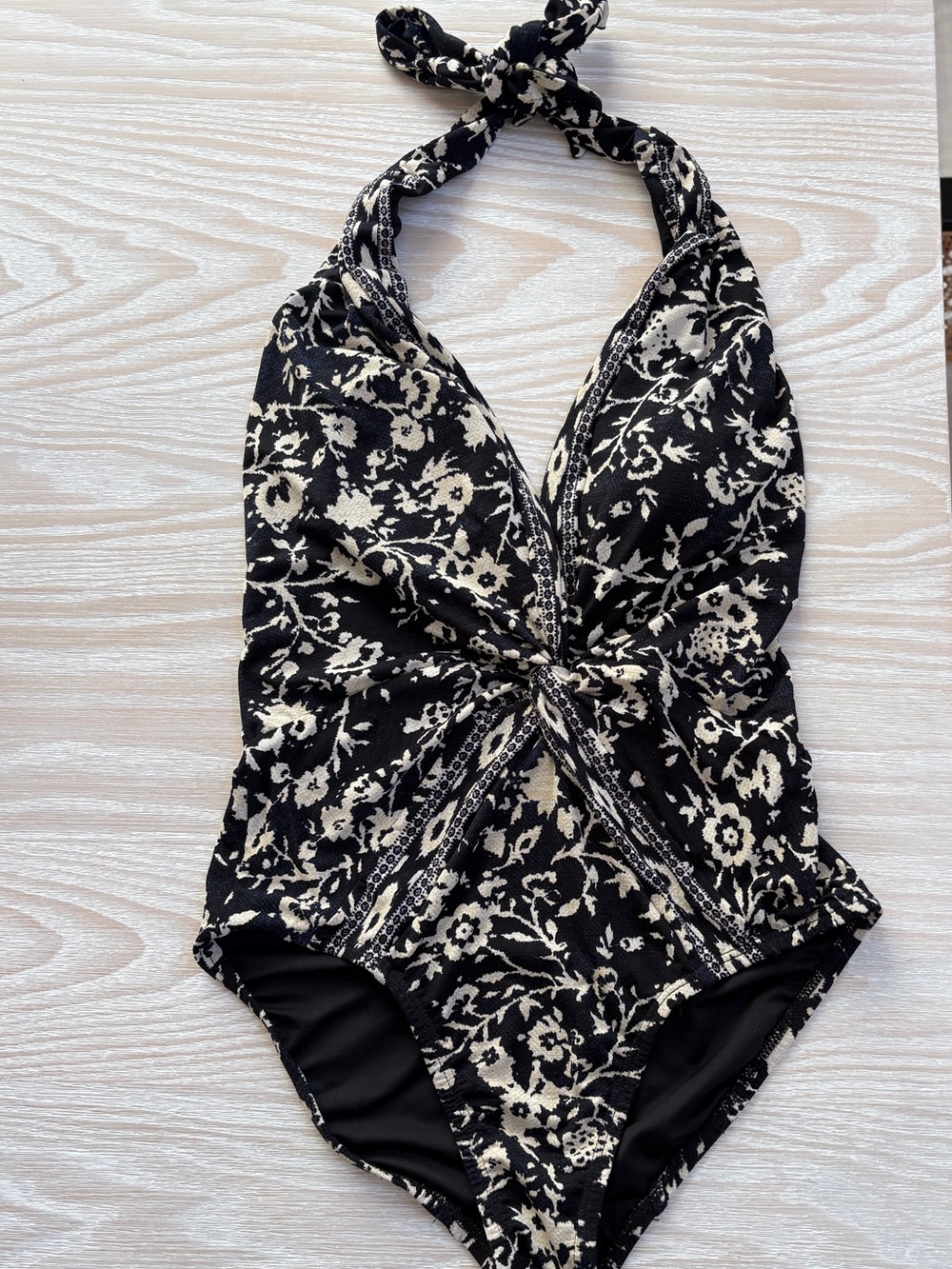 Robin Piccone Halter Plunge One-Piece Swimsuit Black Cream Floral Size 6